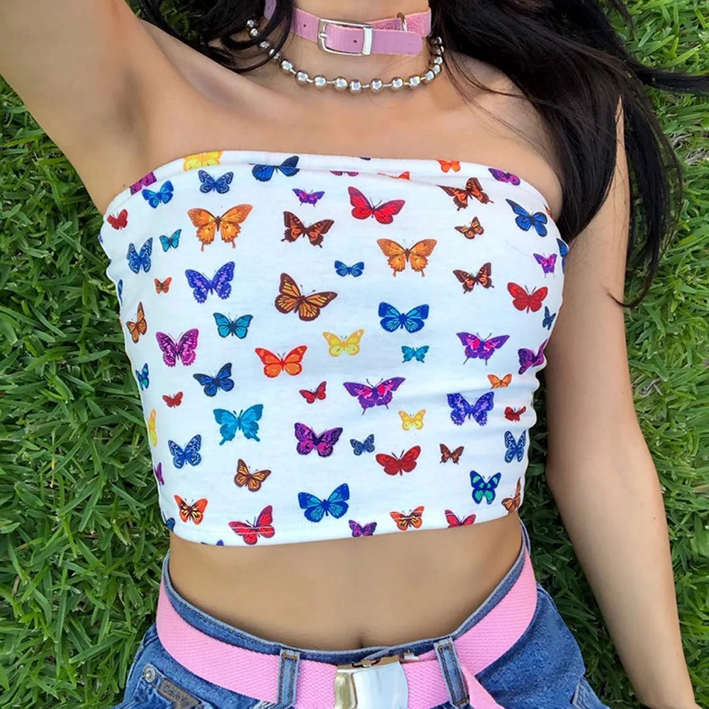 

Women Sexy Off Shoulder Strapless Tube Crop Top Multicolor Butterfly Print Slash Neck Bandeau Slim Beach Party Mini Streetwear, As picture
