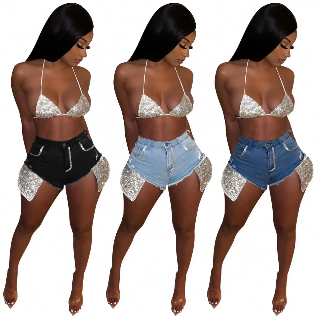 

IBEAUTY Fashion 2021 Pockets Sequined Woman Jeans Summer Denim Compressions Shorts