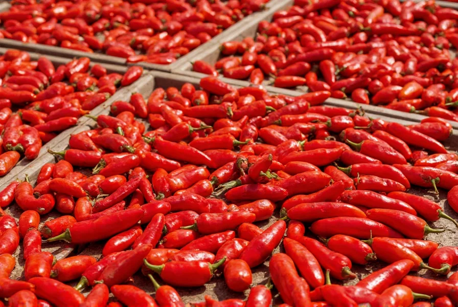 Close-up of vibrant red Calabrian peppers drying in the Mediterranean sun on wooden trays