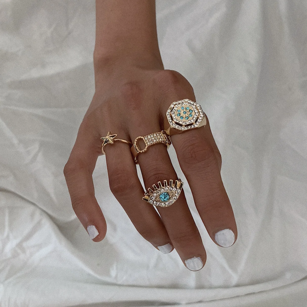 

Luxury Cubic Zirconia Ring Set in Gold Bohemian Diamond Rings for Women Fashion 4-piece Turkish Evil Eye Ring Jewelry Set