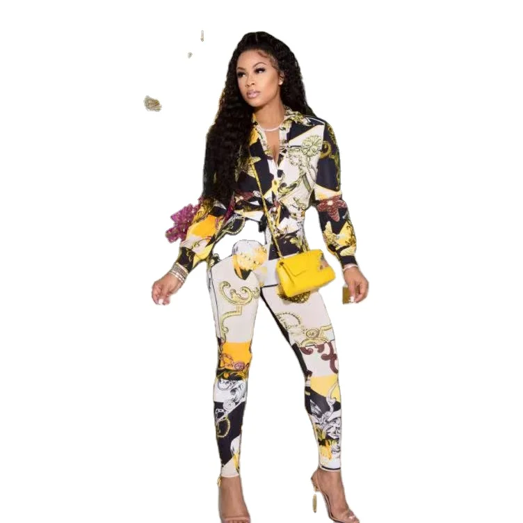

Two Piece Set Long Sleeve Blouse Shirt And Casual Pants Women Summer Autumn Fashion Print Matching Office Lady Set