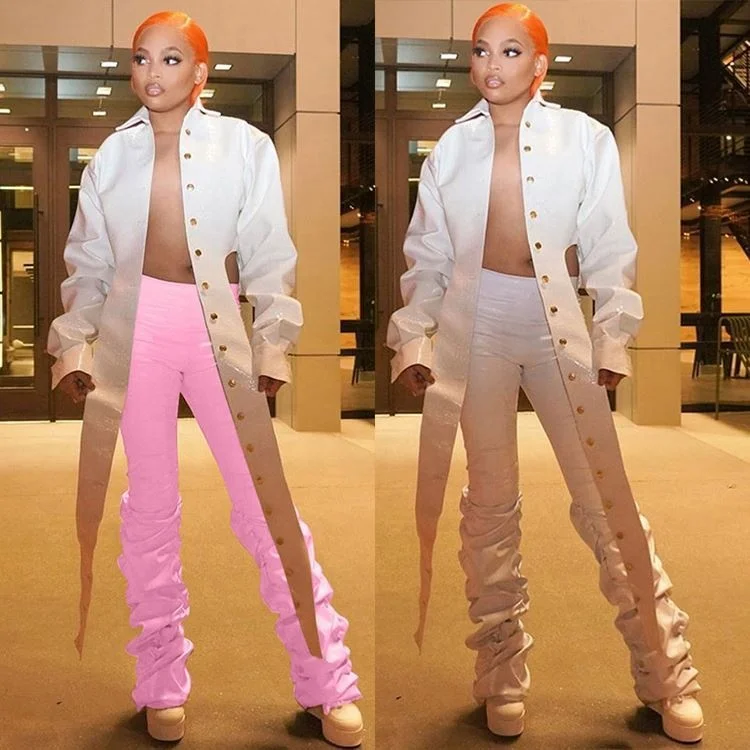 

Best Design Lowest Price 2021 Winter Fashion Casual Women Trousers Womens Clothing Stacked Pants Pu Bottoms