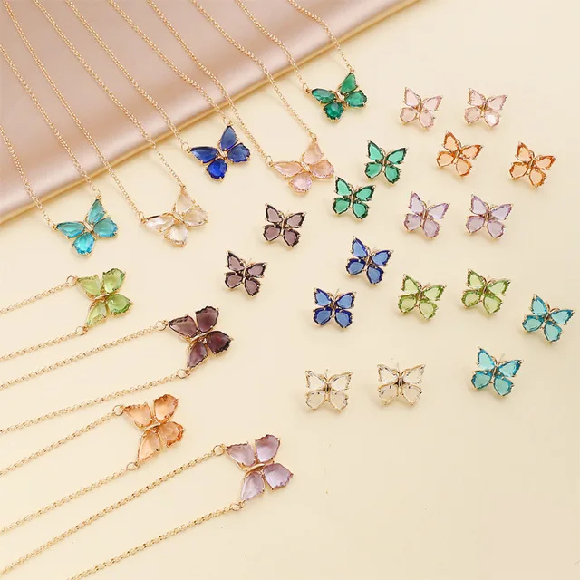 

Women Earrings 2021 Brass Animal Jewelry Butterfly Charms Multi Colors Zircon Crystal Butterfly Pendant Necklace, Pink, green, clear, purple