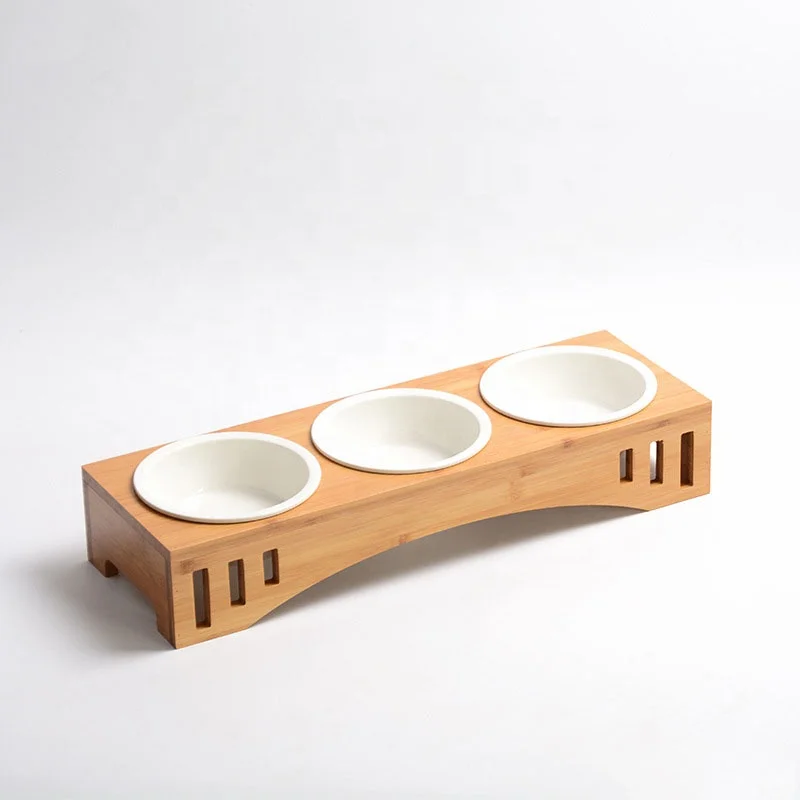 

Elevated Pet Bowls Raised Dog Cat Feeder Solid Bamboo Stand Ceramic Food Feeding Bowl Cats Puppy