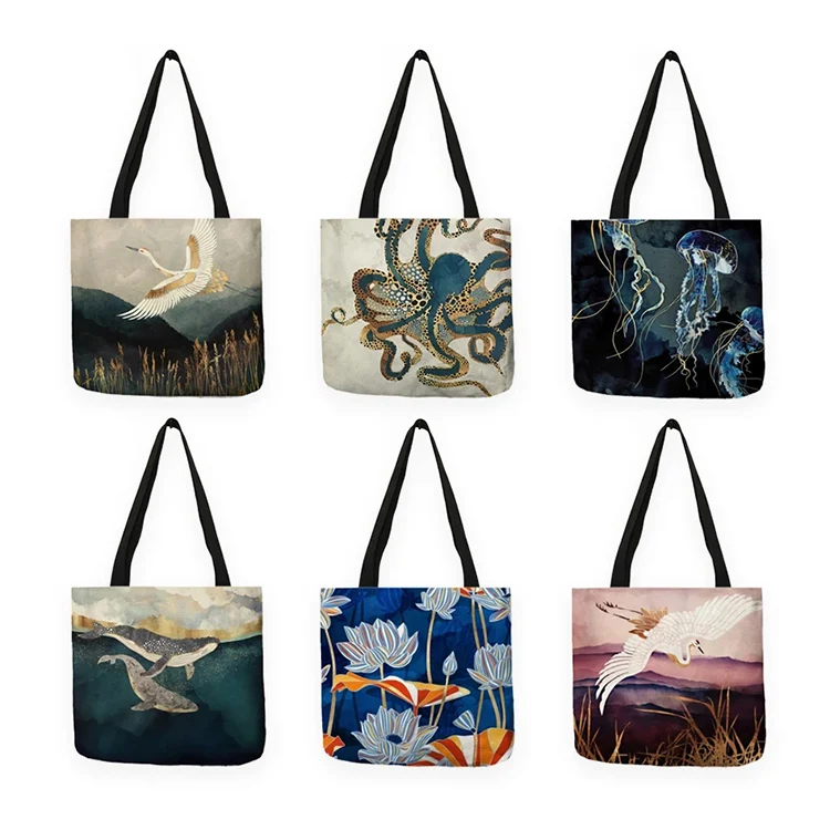 

Japanese Ukiyoe Design Casual Women Crane Designer Tote Bag Eco Reusable Canvas Cotton Shoulder Shopping Bags For Groceries