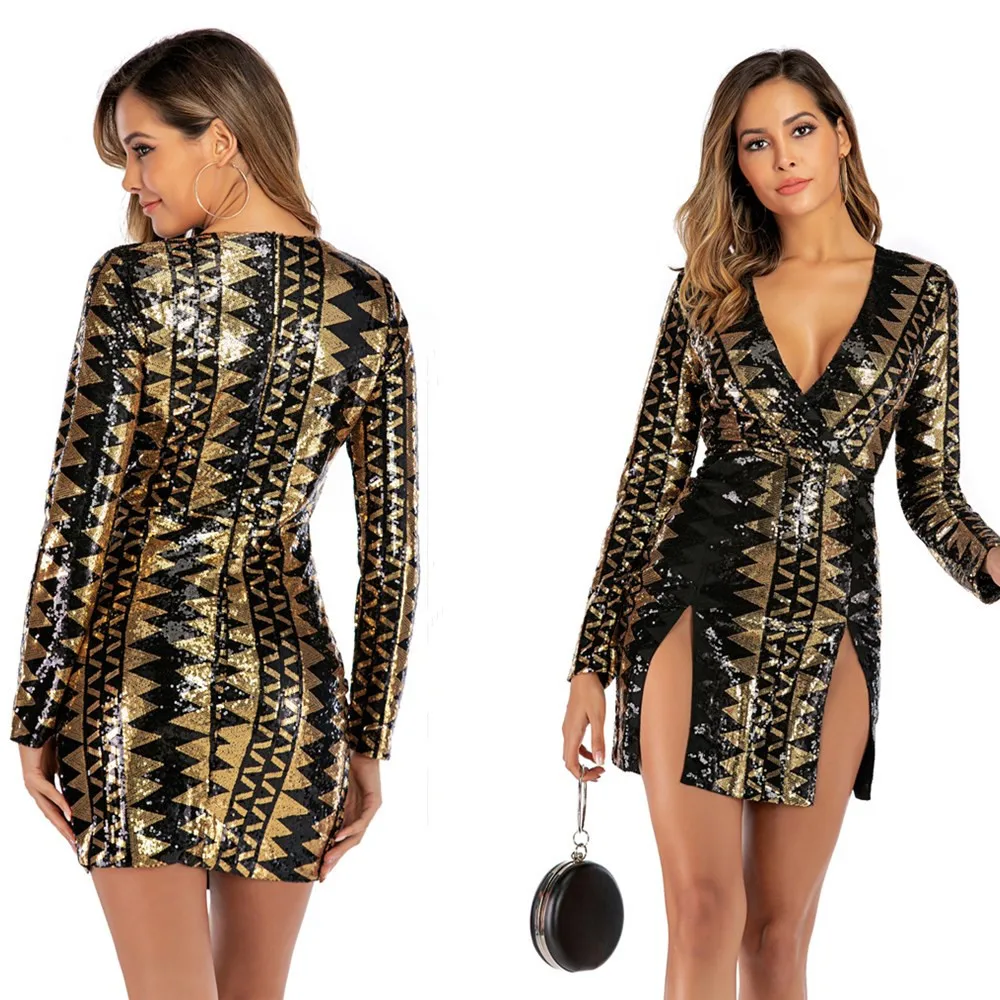 

New Sexy Sequined Backless Nightclub buttocks skirt Long Sleeve Dress