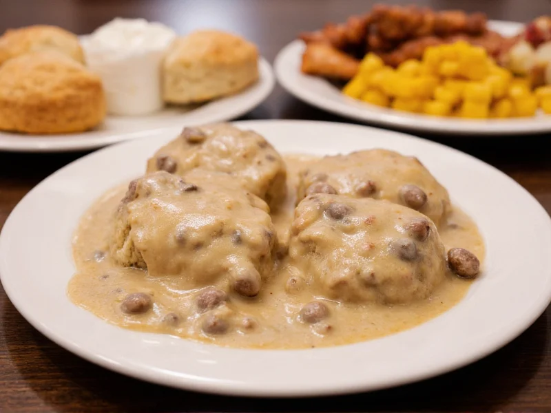 Sausage gravy served with biscuits and breakfast items
