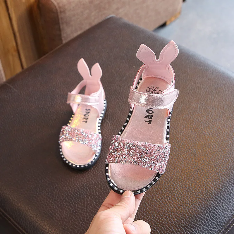 

Latest Design Rabbit Cute Kids Sandals Children's Sandals Shiny Rhinestone Summer Flat Sandals, Black pink silver