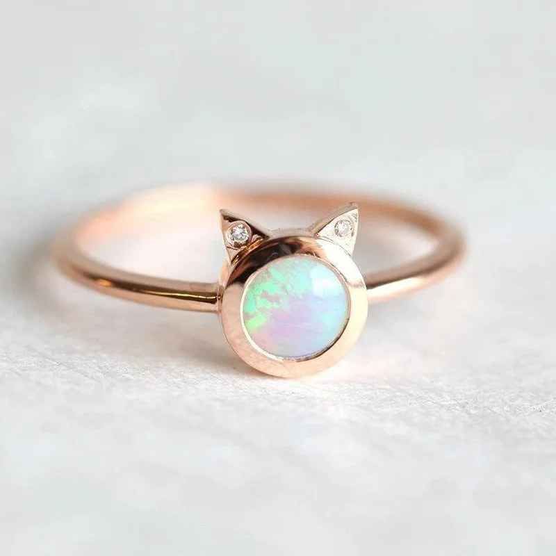 

VRIUA Simple Ring Round Cat Ear Fire opal rings for Women Trendy Engagement Wedding opal ring fashion Jewelry