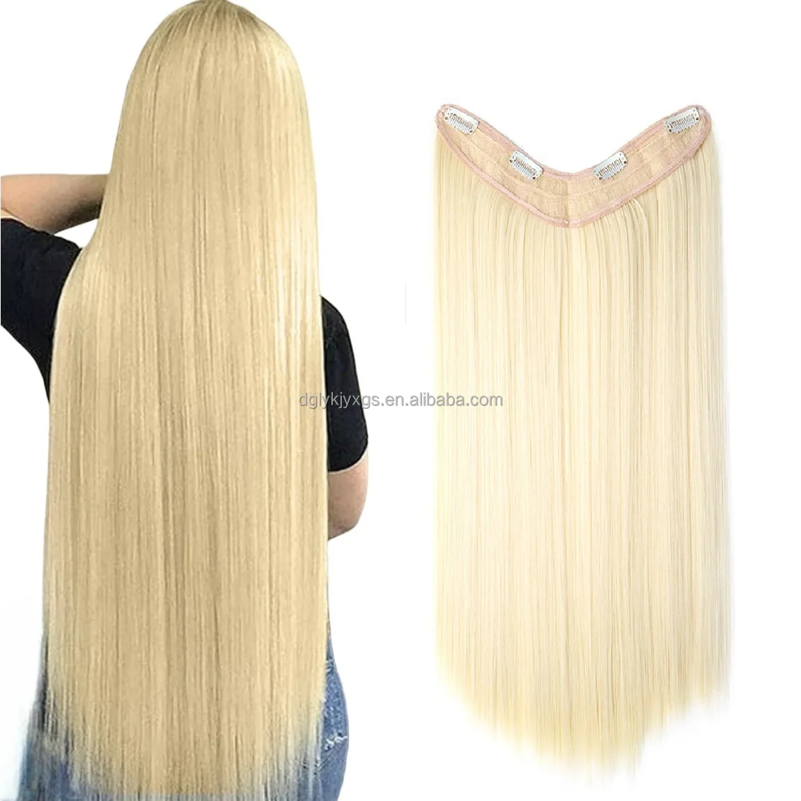 Factory Wholesale 24 Inch Long V-Shaped Half Wig Clip Straight Synthetic Hair Extensions High Temperature Fiber Single Weft
