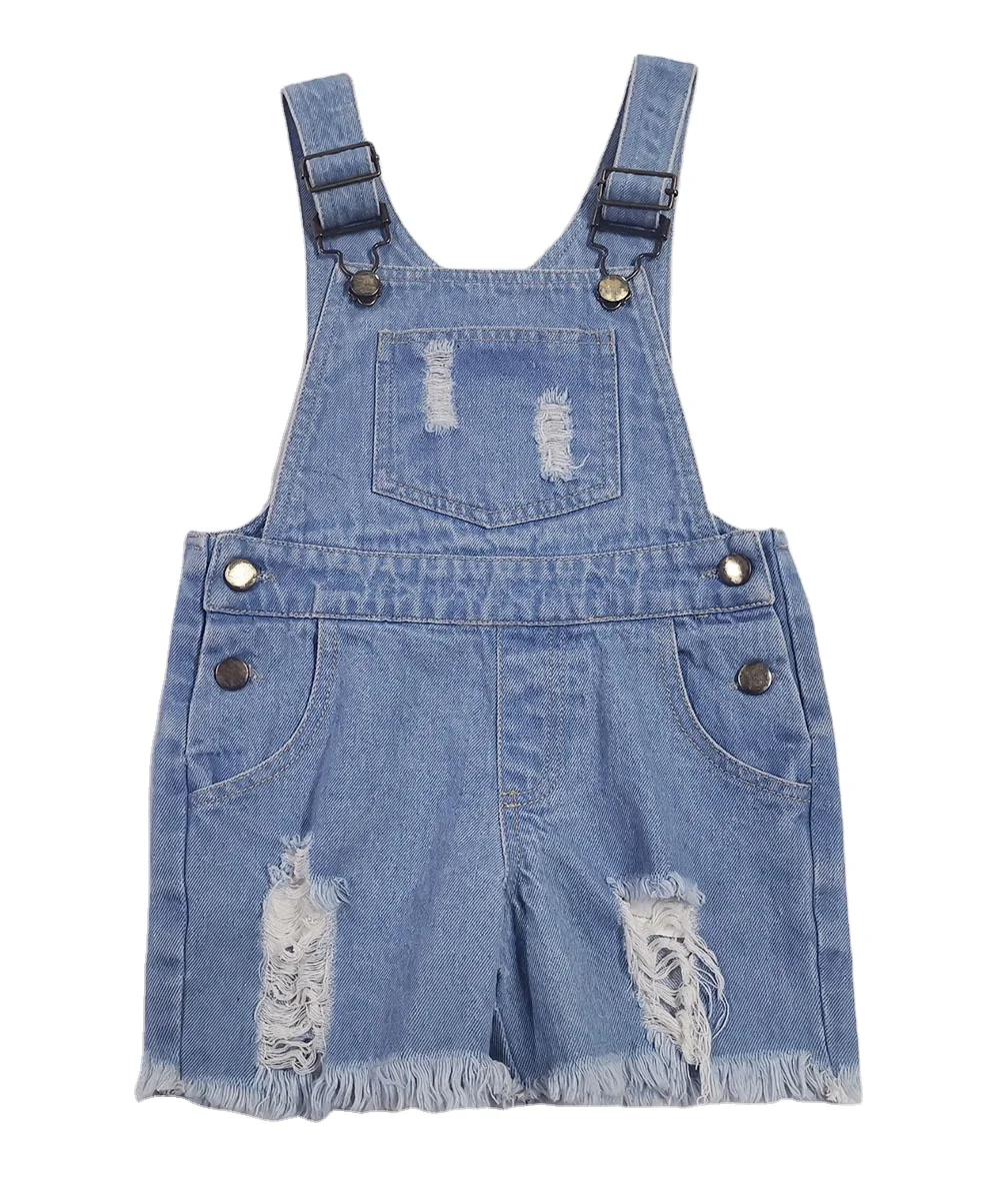 

2021 New Fashion Kid's Denim Distressed Overalls Solid color Suspender Trousers Kids blue Denim Ripped Shorts, Picture