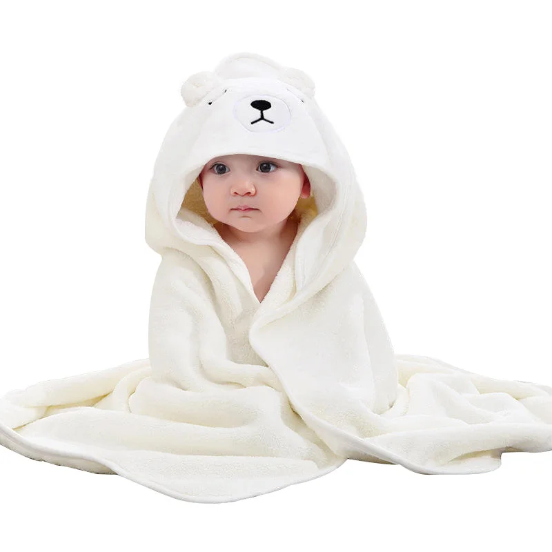 80*80 cm 210 Gram Per Piece Fleece Coral Microfiber Cartoon Embroidery Infant Soft Stock Hooded Baby Towel for Boys and Girls