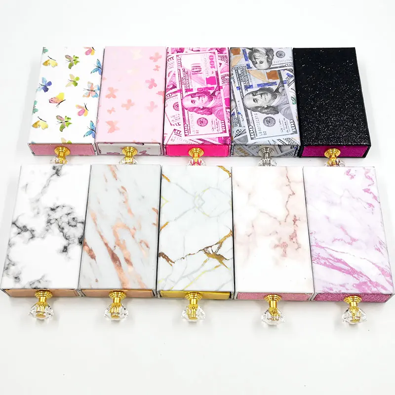 

Make your own lash box black Customized Diamond handle rectangular drawer Lashbox Marble Pink dollar money box with window