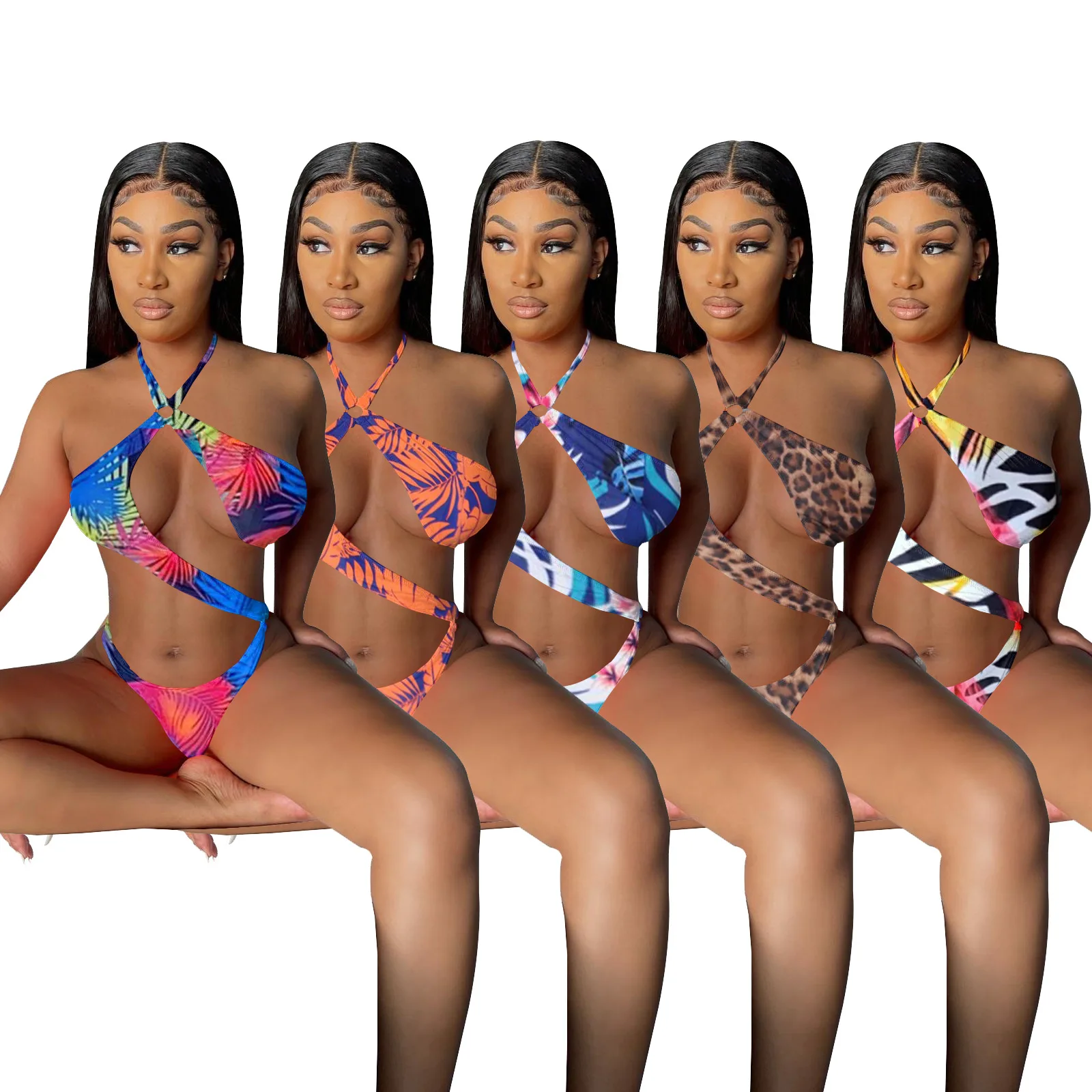 

2021 New Arrivals Women One Piece Swimsuit Halter Top Print Sexy Swim Beach Wear