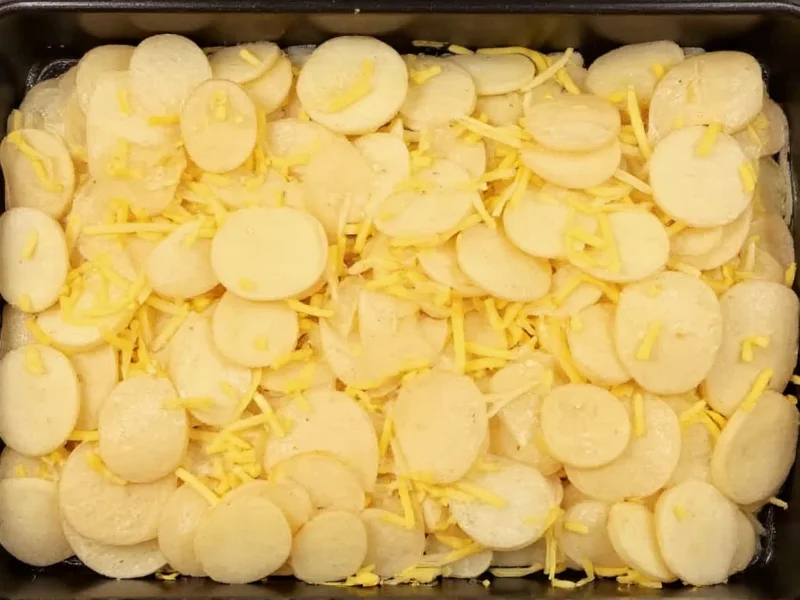Thinly sliced potatoes layered with cheese in baking dish