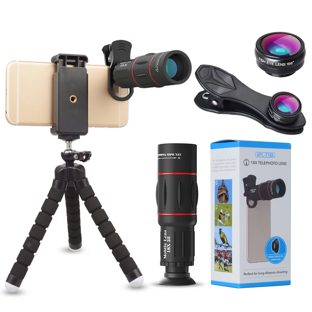 APEXEL Cell Phone Camera Lens Universal Kit 4 in 1 18X Mobile Phone Monocular Telescope Wide Angle Macro Fisheye Lens for iPhone