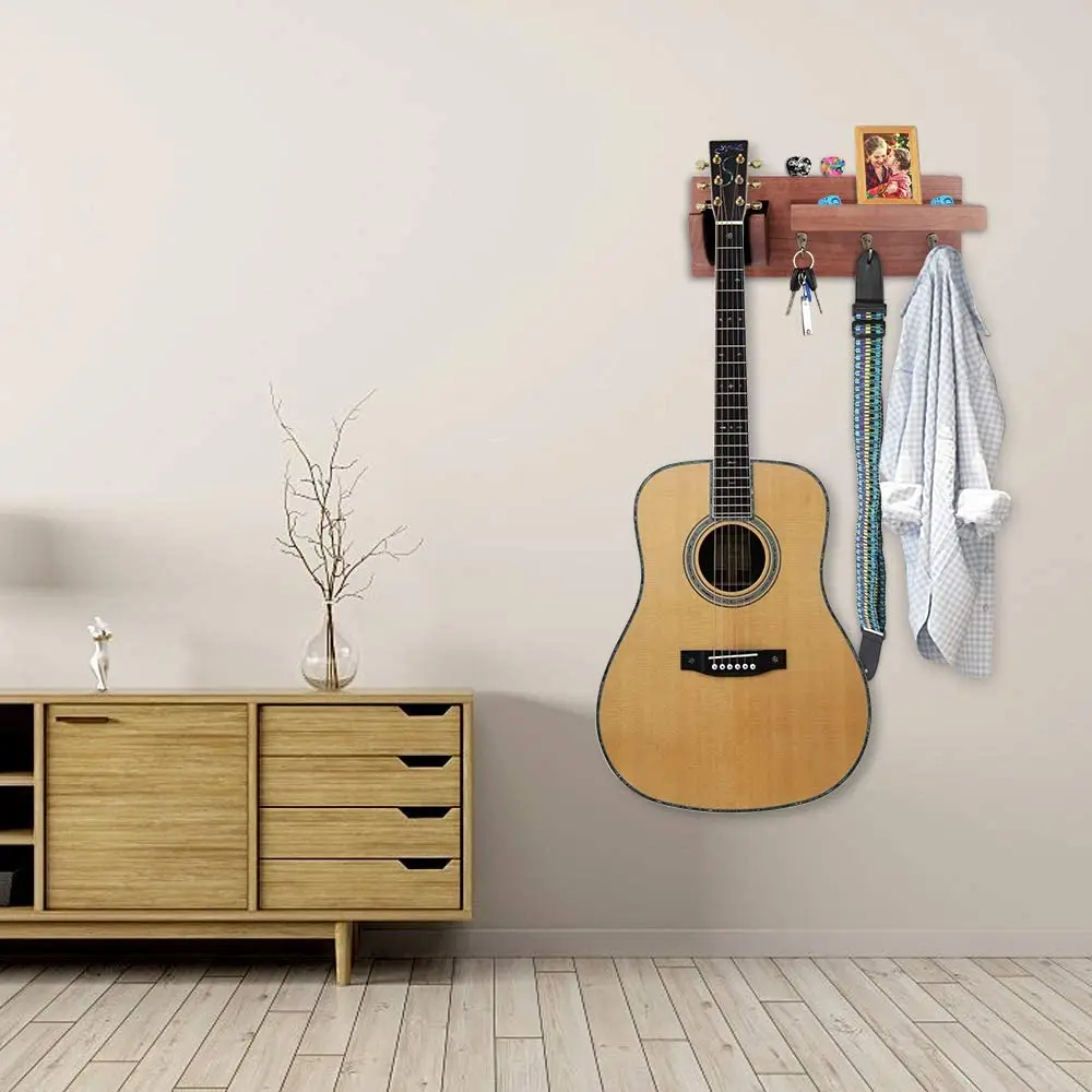 Wooden Storage Shelf With 3 Metal Hook Wood Wall Hanging Guitar Stand ...