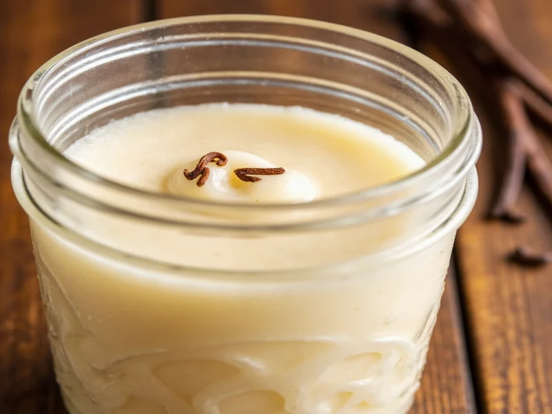Silky vanilla pudding in mason jar with vanilla bean specks
