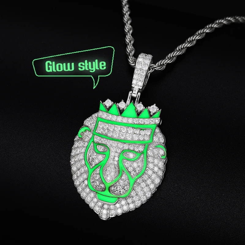 

Glow In The Dark Series Hiphop Jewelry Gift 925 Sterling Silver VVS Moissanite Diamond Iced Out Lion King Pendant Necklace