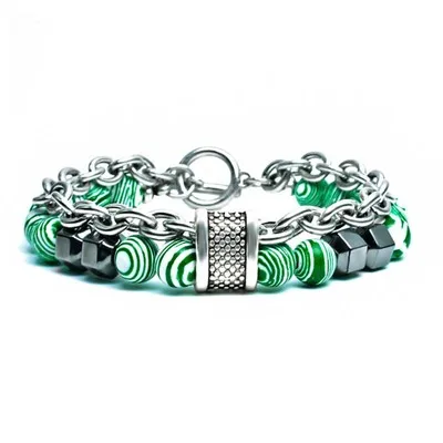 

Hips Hops Jewelry Titanium Steel Green Malachite Beaded Bracelets Hematite Stone Stainless Steel Bracelet For Father
