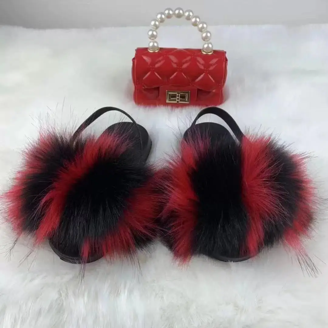 

2021 children's real fox leather slippers jelly bag set girls messenger wallet cute fluffy fur slippers kids soft fur sandals, Customized color
