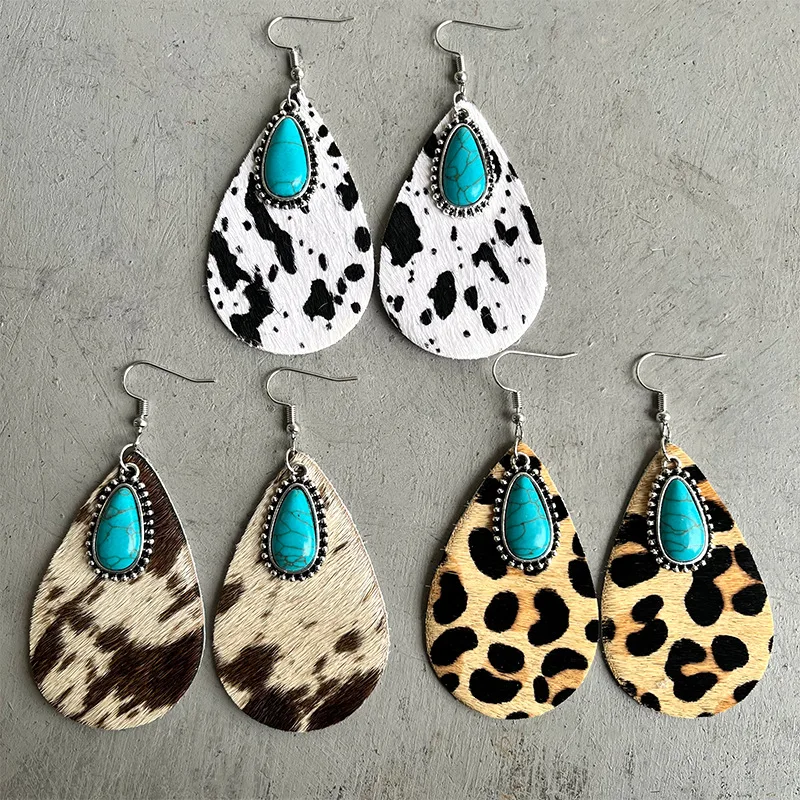 

2022 Animal Print Cowhide Water Drop Turquoise Metal Retro Simple Cow Print Leopard Print Pendant Earrings