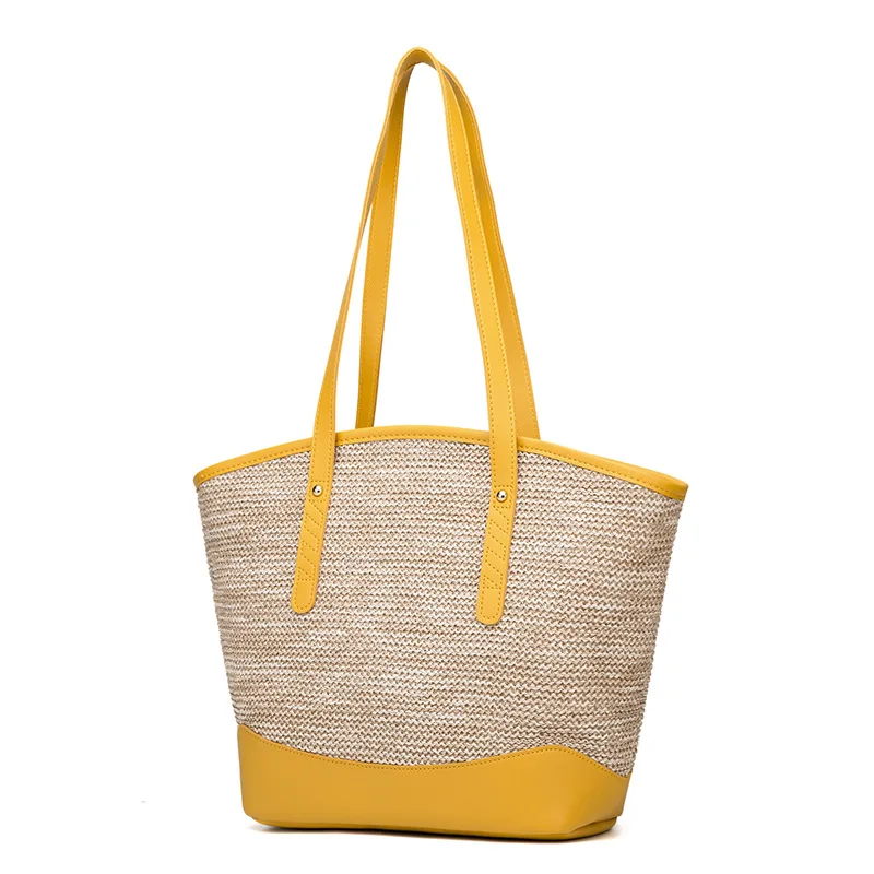 

Manufacturer of 2021 Spring Summer hot beach woven ladies bag good quality candy yellow leather patchwork italian handbags women, Color1
