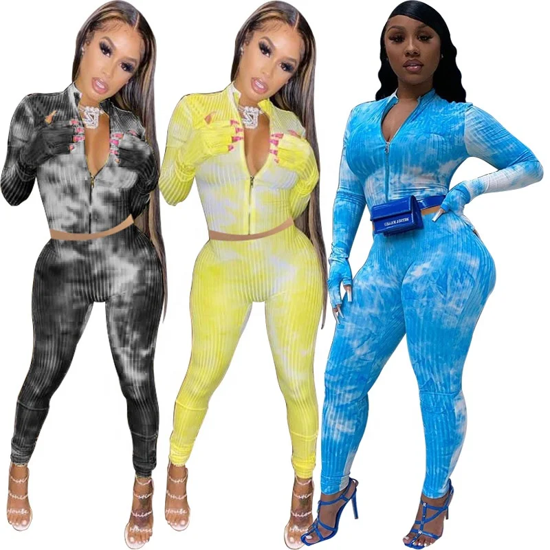 

B63669A Europe and the United States sexy women's hot selling new zipper tie-dye two-piece set, Blue/yellow/black