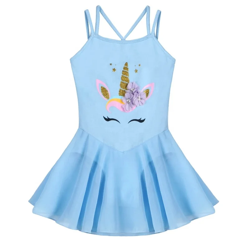 

Kids Girls Shoulder Straps Sleeveless Cartoon Horse Print Bodice A-line Skirt with Built-in Briefs Dance Leotard