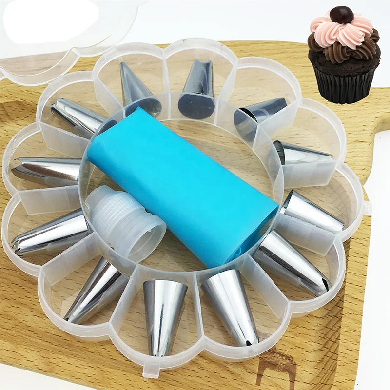 

14pcs/Set Decorating Tips Set Stainless Steel Nozzle Cake Silicone Icing Piping Cream Pastry Bag, Blue