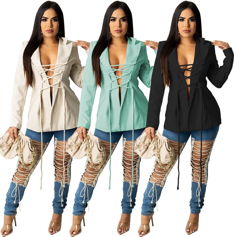 

Wholesale female clothing business suits women solid long sleeves bandage women cardigan blouses women suit, White/black/green