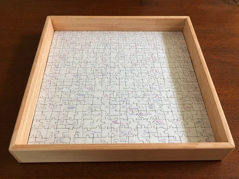 Wooden puzzle box with handwritten notes inside