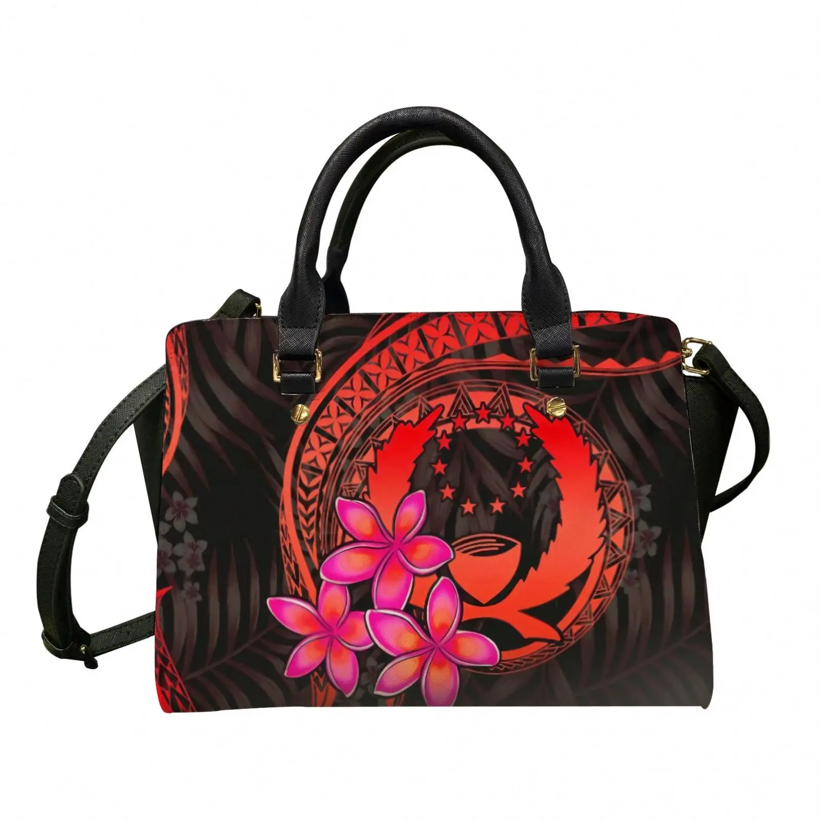 

Wholesale Custom Logo Handbags for Women Pohnpei Tribal Flower With Special Red Color Leather Satchel Shoulder Large Purse Bags, Accept custom made