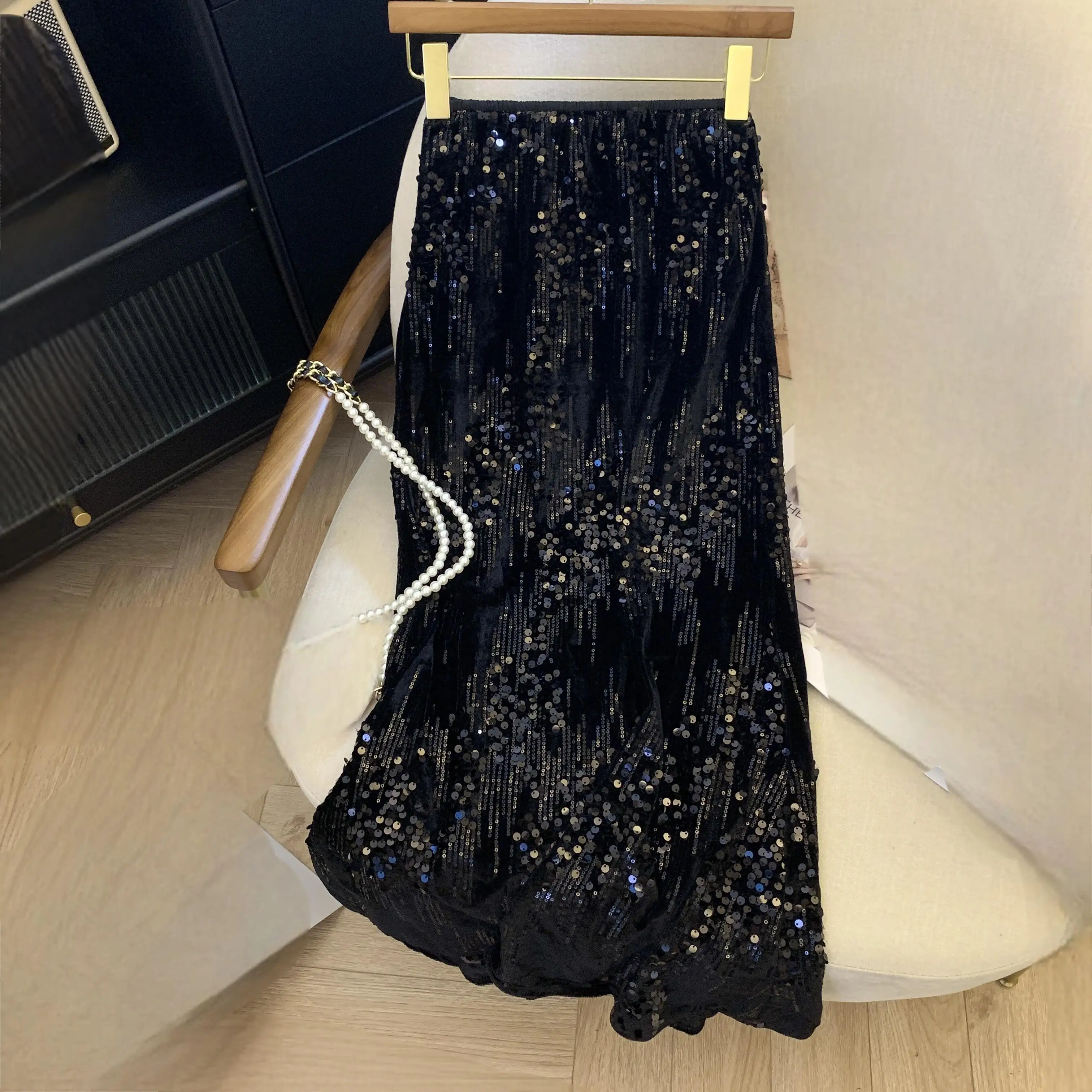 S-XL  Spring and Summer New Velvet Sequins Long Skirt Women's Heavy Industry High-Grade Mid-Length Elastic Waist A- Line Skirts
