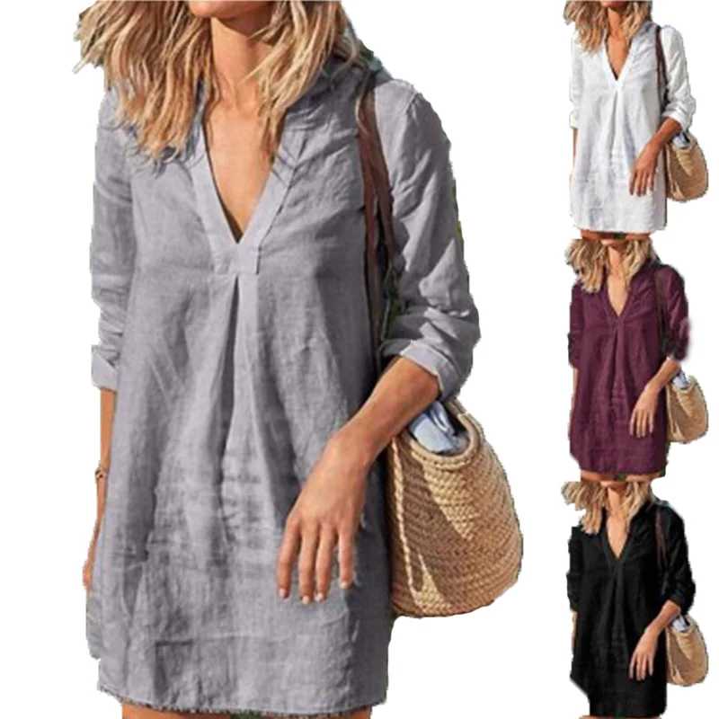 

ct36 Fashion Spring Summer Long Sleeve Lady Casual Loose Joker Plus Size V Neck Street Wear Women solid color Dresses