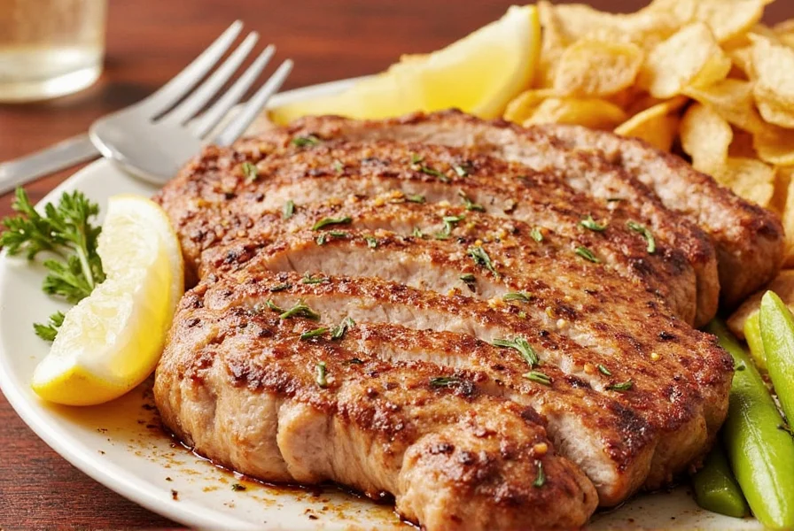 Chef holding a tray of seasoned pork steaks before cooking