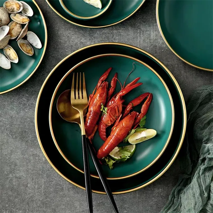 Modern turquoise color handmade gold rimmed porcelain round royal dinner set 