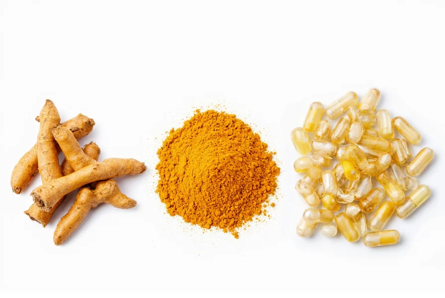 Turmeric root, powder, and capsules showing different forms of turmeric for daily consumption