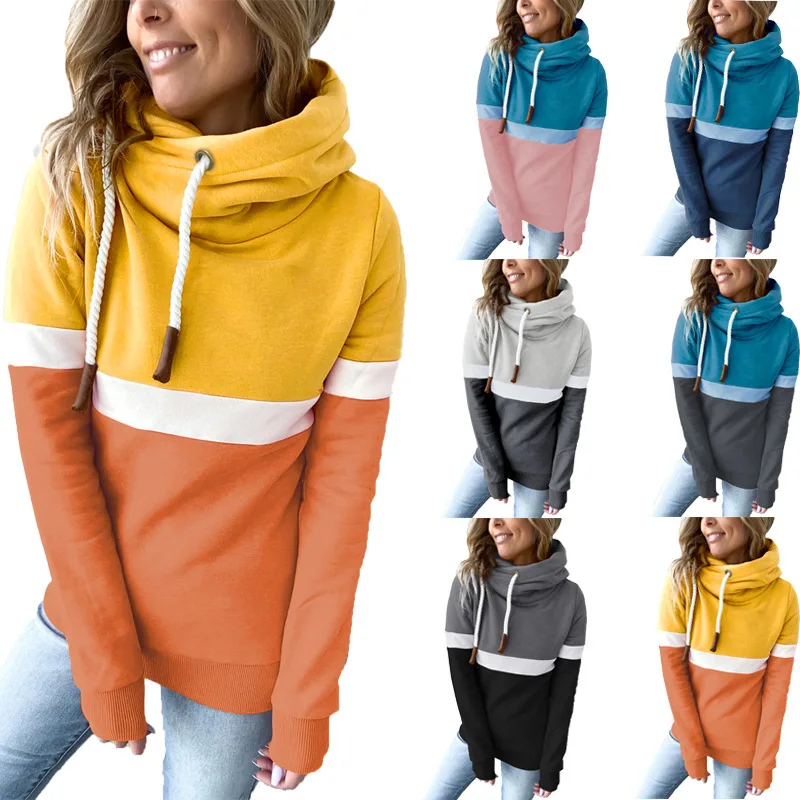 

MD-20221406 2022 New Autumn Patchwork Thick hooded sweatshirts For Ladies Turtleneck Women Casual pullover hoodie, 6 colors