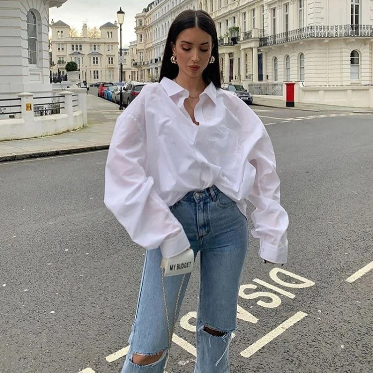 

wholesale white loose turn-down collar top women casual fashion oversize shirt woman