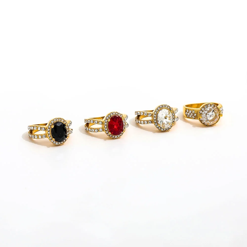 High End 18K Gold Plated Rectangle Clear Black Oval Zirconia Pave Chunky Ring Stainless Steel Trendy Jewelry