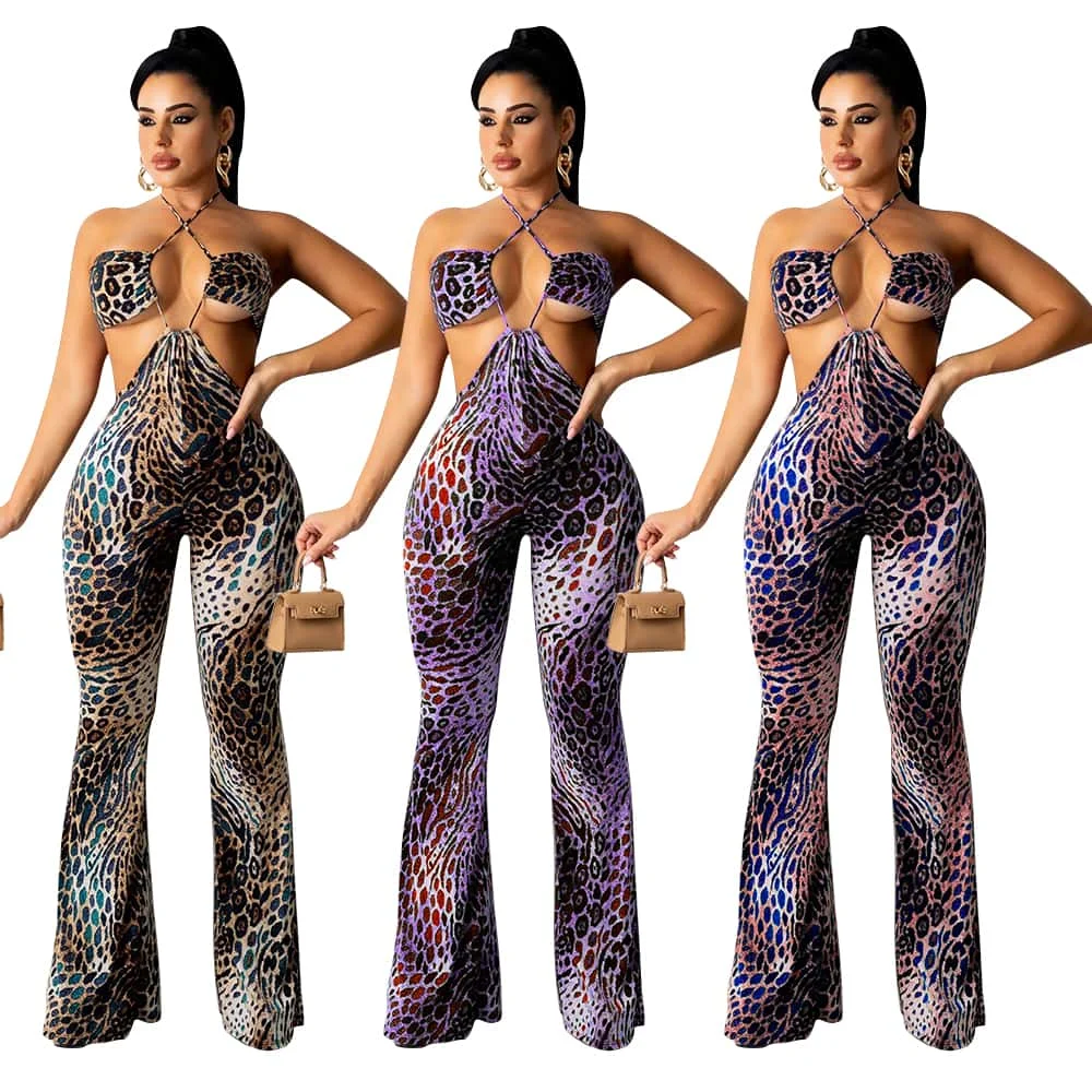 

Backless Show waist Sexy nightclub Loose Wide leg trousers Halter sling One piece Pants party jumpsuit