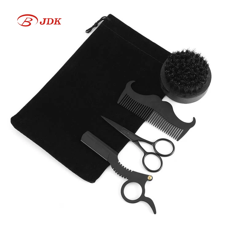 

JDK mens black beard grooming kit with hair brush metal comb haircut razor beard trimming scissors set