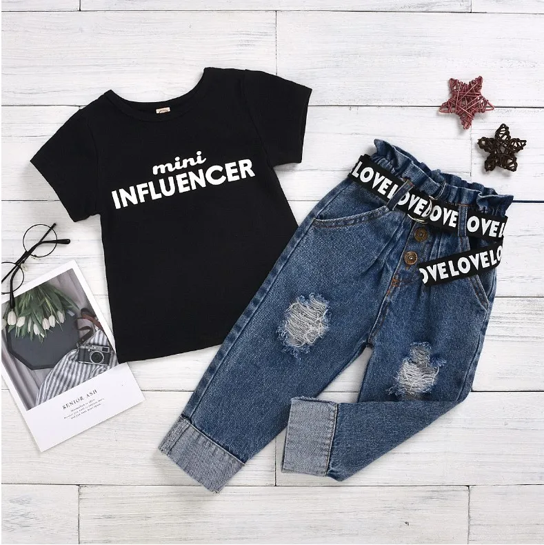 

Toddler Girls Clothes Baby Boys Outfit Cute Letter Printed Tee Shirt Tops Denim Ripped Jeans Long Pants Infant Gift Clothing Set