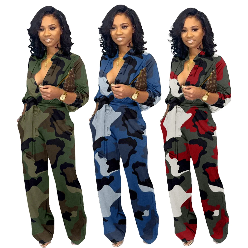 

Womens Camo Front Button Jumpsuit Long Sleeve Bodycon Jumpsuits One Piece Sport Rompers with belt