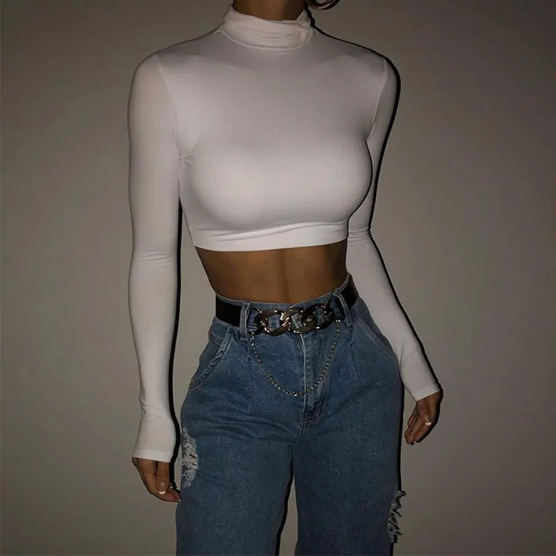 

Wholesale Sexy Crop Top Turtleneck Elastic Custom Solid Slim Fit Long Sleeve Crew Neck Women Cool Girl T-Shirt Inside Wear, Black brown white