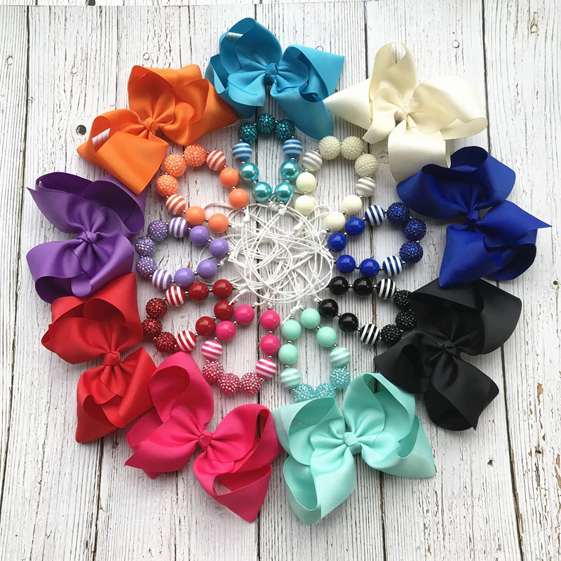 

Kids Jewelry Adjustable Rop Bubblegum 20cm Beads Necklace with 6inch Bow in Set For Girls