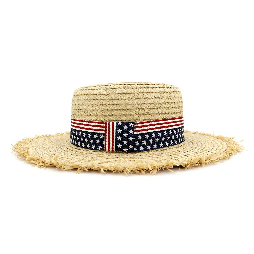 

Factory Wholesale Floppy Popular Straw Boater Hat Sunshade Raffia Flat Top Straw Hat With Band, Camle,red bule and so on