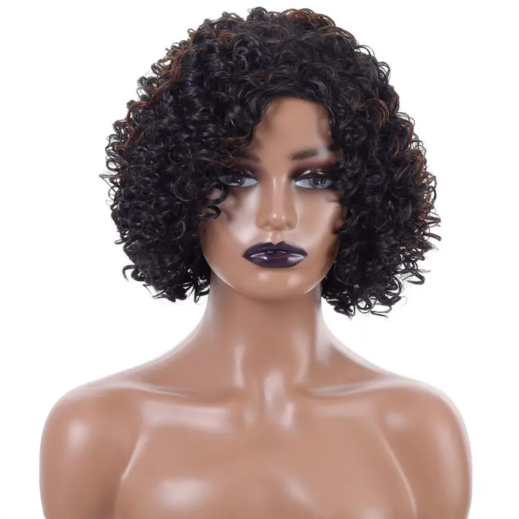 

Modern Black Man Short Curly Wigs Synthetic Hair Black Brown Perruque Without Lace Soft Afro Curly Bob Wig, 1 colors for choose,