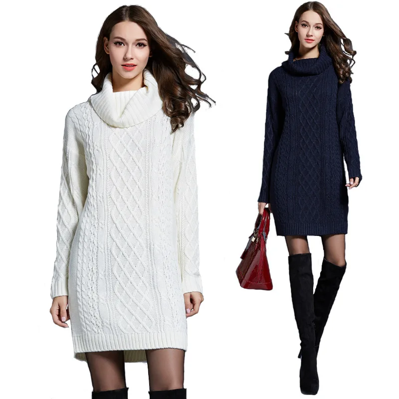 

Autumn Winter New Amazon Hotsale Ladies Plus Size Long Sweaters Women's Fashion Sweater Dresses Turtleneck Knitted Sweaters, 6 colors